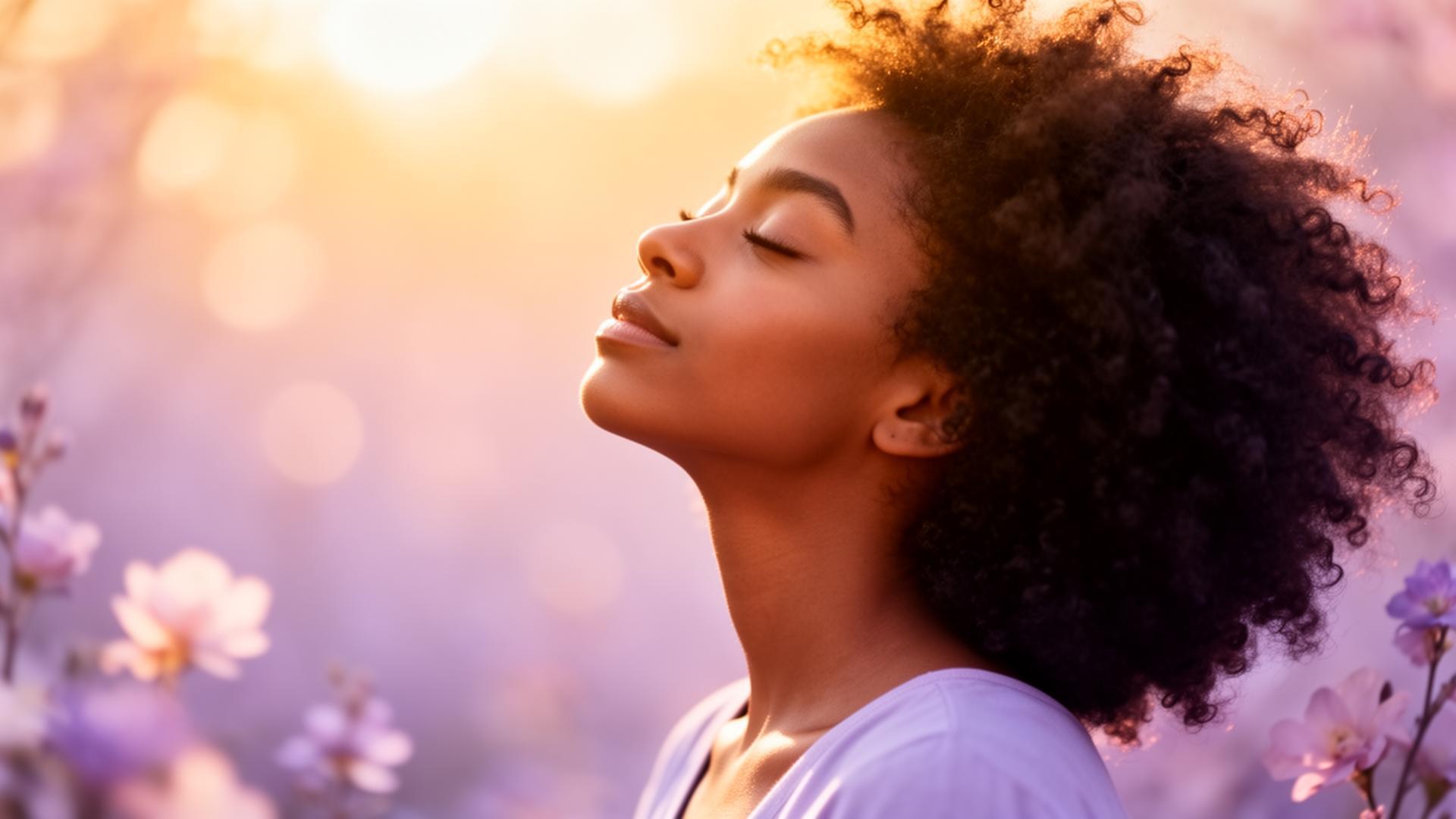Young woman finding peace in soft golden light
